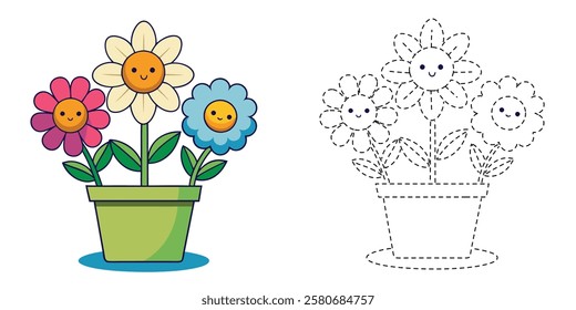 Trace and Color of Three Cute Flower Cartoon On Pot Design

