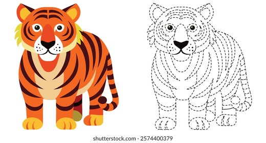 Trace and Color Tiger. Hand Drawing Exercises For Kids. Worksheet For Preschool. Cute Tiger Cartoon Vector Design