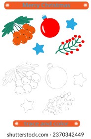 Trace and color. Tracing lines for children. Christmas, Christmas ball, rowan, berry, handwriting practice development. EPS10 vector