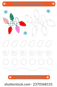 Trace and color. Tracing lines for children. Christmas, Christmas light bulb garland, handwriting development practice. Vector Premium EPS10