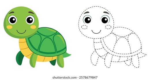 Trace and Color Turtle Cartoon. Hand Drawing Practice For Kids. Cute Turtle Cartoon Character Vector Illustration

