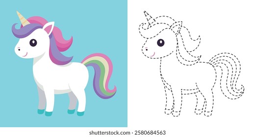 Trace and Color Unicorn Cartoon Character Vector Design
