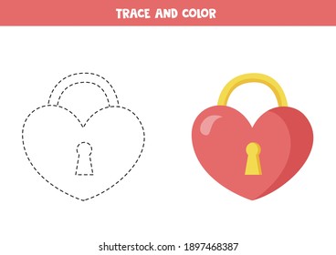 Trace and color valentine lock in shape of heart. Educational game for kids. Writing and coloring practice.