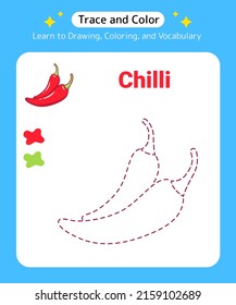 Trace and Color Vegetable Chilli for Preschool Kids and Kindergarten