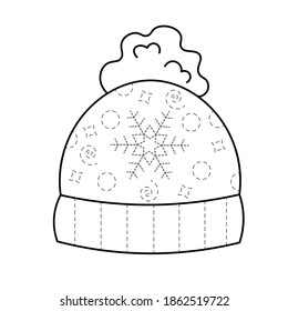 Trace and color winter hat. Handwriting practice sheet for kids isolated on white background.