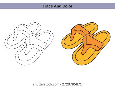 Trace and color worksheet with a cute slippers. Dashed outline for tracing on the left and coloured example on the right. Educational vector illustration for kids, preschool learning, fine motor skills practice.