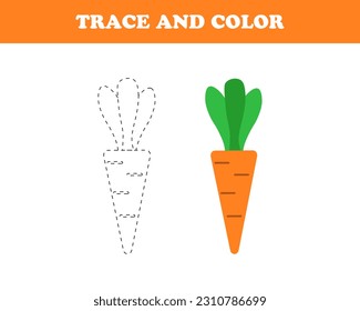 Trace and color worksheet for kids, carrot, vector. Carrot drawn with a dotted line and colored, the inscription Trace and color.