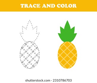 Trace and color worksheet for kids, pineapple, vector, pineapple drawn with a dotted line and colored, the inscription Trace and color.