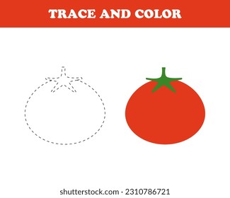 Hoja de cálculo de seguimiento y color para niños, tomate, vector. Tomate dibujado con una línea de puntos y coloreado, la inscripción Trace y color.