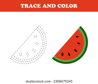 Trace and color worksheet for kids, watermelon, vector. Watermelon drawn with a dotted line and colored, the inscription Trace and color.