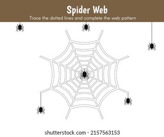 Trace and coloring activity for kids. Drawing worksheet for preschool kids with easy gaming level of difficulty, a simple educational game of spider's web with hanging spiders.