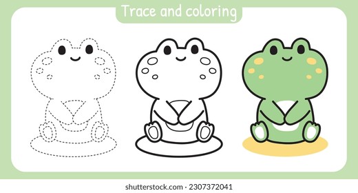 Trace and coloring page for kid.Painted book.Cute frog cartoon sit on white background.Reptile animal hand drawn.Student.School.Kawaii.Vector.Illustration.