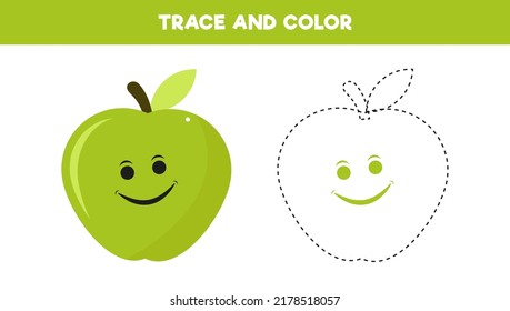Rastreo y frutos de manzana a color. juego educativo para preescolar. Práctica de dibujo y coloreado