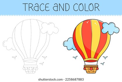 Trace and colour coloring book with airship for kids. Coloring page with cartoon airship. Vector illustration.