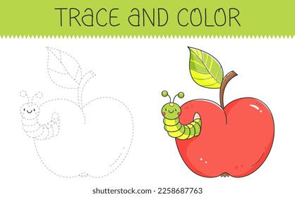 Trace and colour coloring book with apple and caterpillar for kids. Coloring page with cartoon apple with worm. Vector illustration.