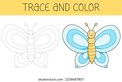 Trace and colour coloring book with butterfly for kids. Coloring page with cartoon butterfly. Vector illustration.