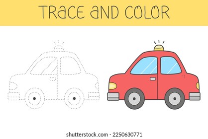 Trace and colour coloring book with car for kids. Coloring page with a cute cartoon car. Vector illustration.