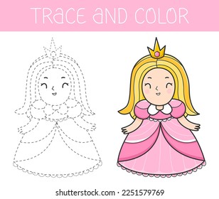 Libro de rastros y colores con princesa para niños. Coloriendo página con la princesa de caricatura. Ilustración vectorial.