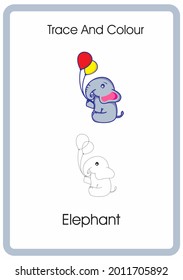 trace and colour elephant cute hold two balloon 