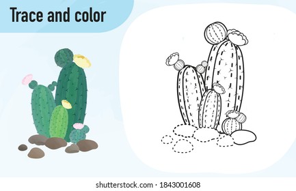Trace and colour worksheet, practicing for preschool kids : Cactus 