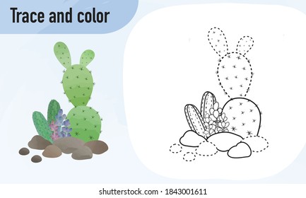 Trace and colour worksheet, practicing for preschool kids : Cactus 