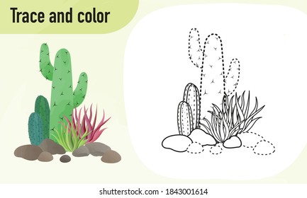 Trace and colour worksheet, practicing for preschool kids : Cactus 