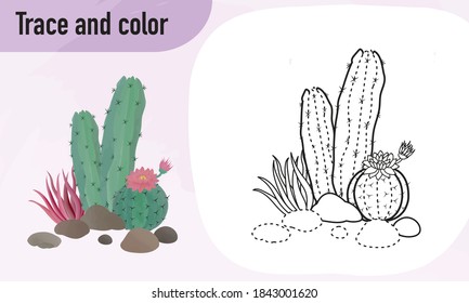 Trace and colour worksheet, practicing for preschool kids : Cactus 