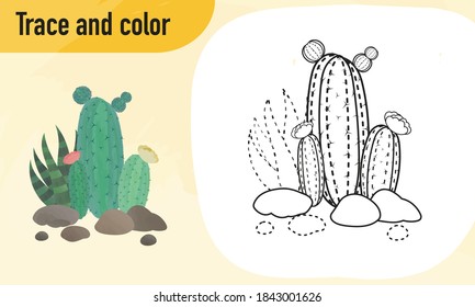 Hoja de cálculo de trazos y colores, practicando para niños de preescolar: Cactus 