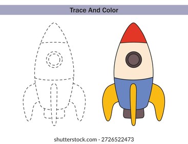 Hoja de cálculo de trazas y colores con un cohete. Ilustración vectorial educativa para que los niños practiquen la motricidad fina, el dibujo y la coloración. Página de actividad preescolar.
