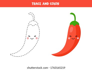 Trace cute kawaii red chili pepper and color it. Coloring page for preschool kids. Learning to write and to draw. Educational worksheet.