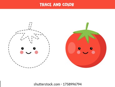 Trace cute kawaii red tomato and color it. Coloring page for preschool kids. Learning to write and to draw. Educational worksheet.