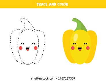 Trace cute kawaii yellow pepper and color it. Educational game for kids. Coloring page for kids. Handwriting practice.