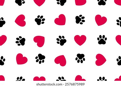 Trace of dog paw pattern with paw footprints and hearts, love heart seamless pattern, dog trace background isolated illustration cartoon repeat wallpaper