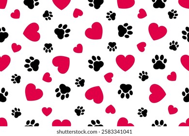 Trace of dog paw pattern with paw footprints and hearts, love heart seamless pattern, dog trace background isolated illustration cartoon repeat wallpaper – vector