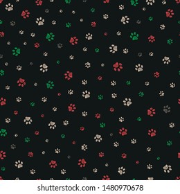 Trace doodle paw prints seamless pattern background with Christmas new years black background