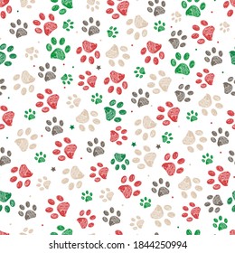 Trace doodle paw prints with stars seamless pattern background with christmas new years white background