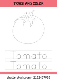 Trace the dotted line picture and letters.  letters of tomatoes. kids activity book. Hand Writing practice Printable worksheet. kids colouring pages and tracing books. cute illustration