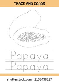 Trace the dotted line picture and letters.  letters of Papaya. kids activity book. Hand Writing practice Printable worksheet. kids colouring pages and tracing books. cute illustration