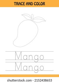 Trace the dotted line picture and letters.  letters of Mango. kids activity book. Hand Writing practice Printable worksheet. kids colouring pages and tracing books. cute illustration