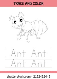 
Trace the dotted line picture and letters.  letters of ant. kids activity book. Hand Writing practice Printable worksheet. kids colouring pages and tracing books. cute illustration