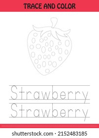 Trace the dotted line picture and letters.  letters of strawberry. kids activity book. Hand Writing practice Printable worksheet. kids colouring pages and tracing books. cute illustration