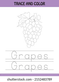 Rastrear la imagen y las letras de la línea de puntos.  letras de uvas. libro de actividades para niños. Práctica de escritura manual Hoja de trabajo imprimible. niños coloreando páginas y rastreando libros. ilustración bonita