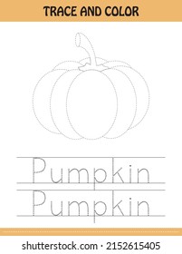 Trace the dotted line picture and letters.  letters of Pumpkin. kids activity book. Hand Writing practice Printable worksheet. kids colouring pages and tracing books. cute illustration