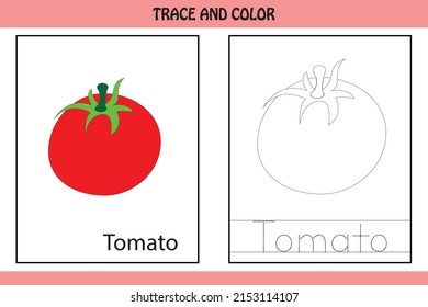 Trace the dotted line picture and letters.  letters of tomato. kids activity book. Hand Writing practice Printable worksheet. kids colouring pages and tracing books. cute illustration