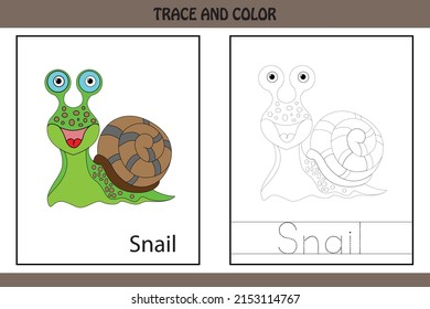 Trace the dotted line picture and letters.  letters of snail. kids activity book. Hand Writing practice Printable worksheet. kids colouring pages and tracing books. cute illustration