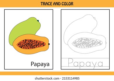 Trace the dotted line picture and letters.  letters of Papaya. kids activity book. Hand Writing practice Printable worksheet. kids colouring pages and tracing books. cute illustration