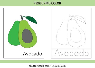 Trace the dotted line picture and letters.  letters of  avocado. kids activity book. Hand Writing practice Printable worksheet. kids colouring pages and tracing books. cute illustration