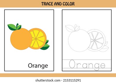 Trace the dotted line picture and letters.  letters of orange. kids activity book. Hand Writing practice Printable worksheet. kids colouring pages and tracing books. cute  fruit illustration
