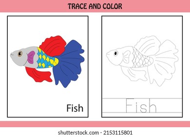 
Trace the dotted line picture and letters.  letters of fish. kids activity book. Hand Writing practice Printable worksheet. kids colouring pages and tracing books. cute animal illustration