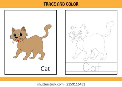 
Trace the dotted line picture and letters.  letters of cat. kids activity book. Hand Writing practice Printable worksheet. kids colouring pages and tracing books. cute animal illustration